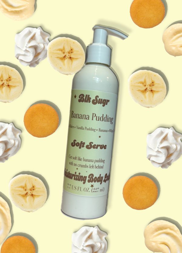 A bottle of Blk Sugr Banana Pudding Soft Serve Lotion on a light yellow background with vanilla wafers, banana slices, and whipped cream swirls.