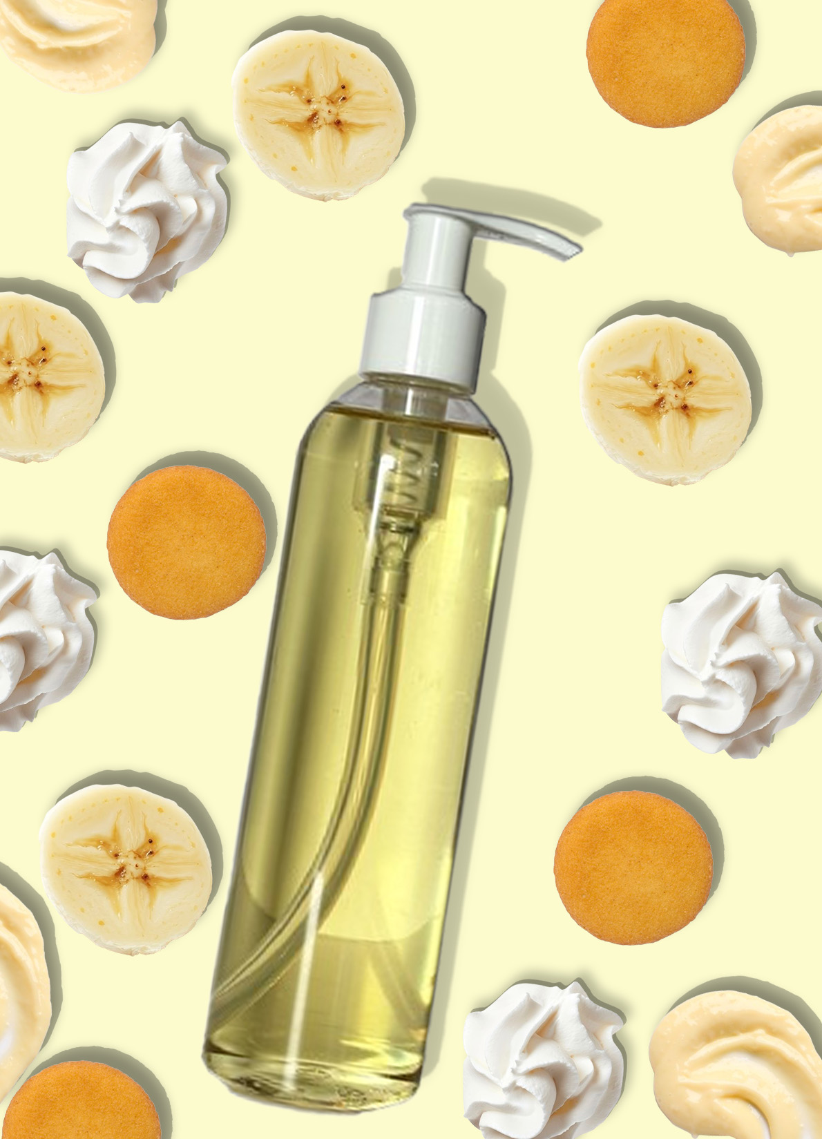 Unlabeled bottle of body oil on a soft yellow background surrounded by banana slices, whipped cream, vanilla wafers, and pudding swirls.