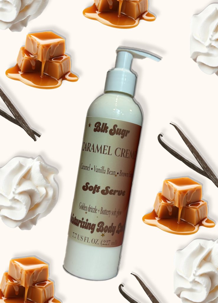 A bottle of Blk Sugr Caramel Crème Soft Serve Lotion on a creamy background, surrounded by caramel drizzles, vanilla beans, and whipped cream.