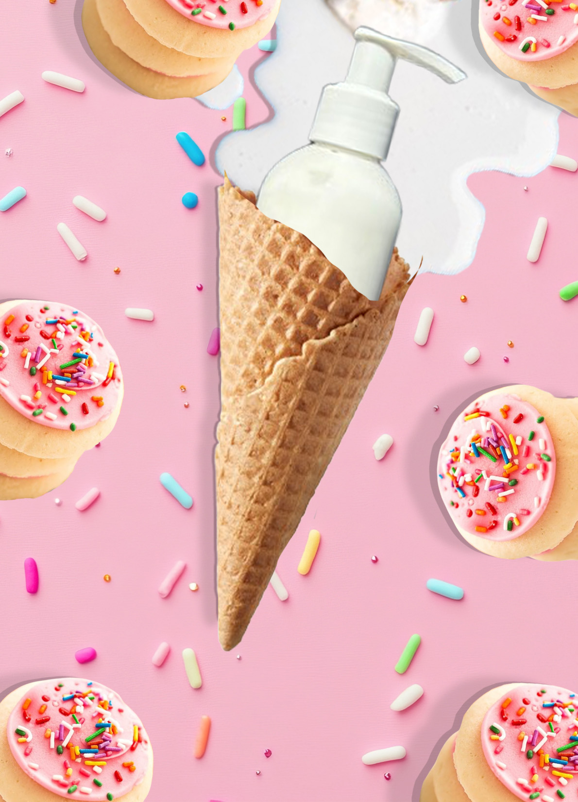 Whipped body lotion in an ice cream cone surrounded by pink frosted sugar cookies and rainbow sprinkles on a pastel pink background.