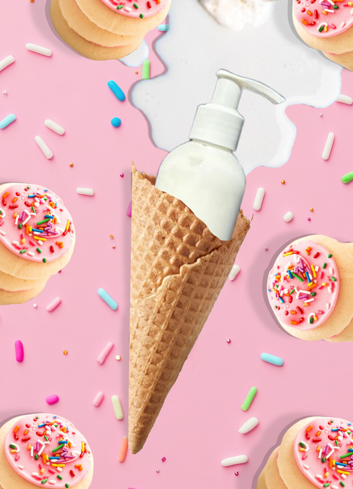 Whipped body lotion in an ice cream cone surrounded by pink frosted sugar cookies and rainbow sprinkles on a pastel pink background.