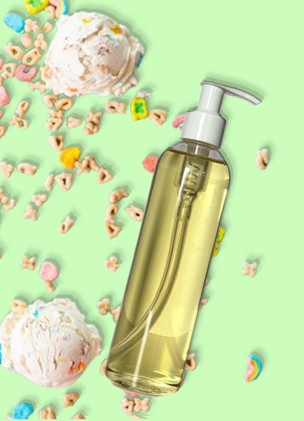 Unlabeled body oil bottle on a light green background surrounded by colorful cereal pieces and scoops of ice cream.