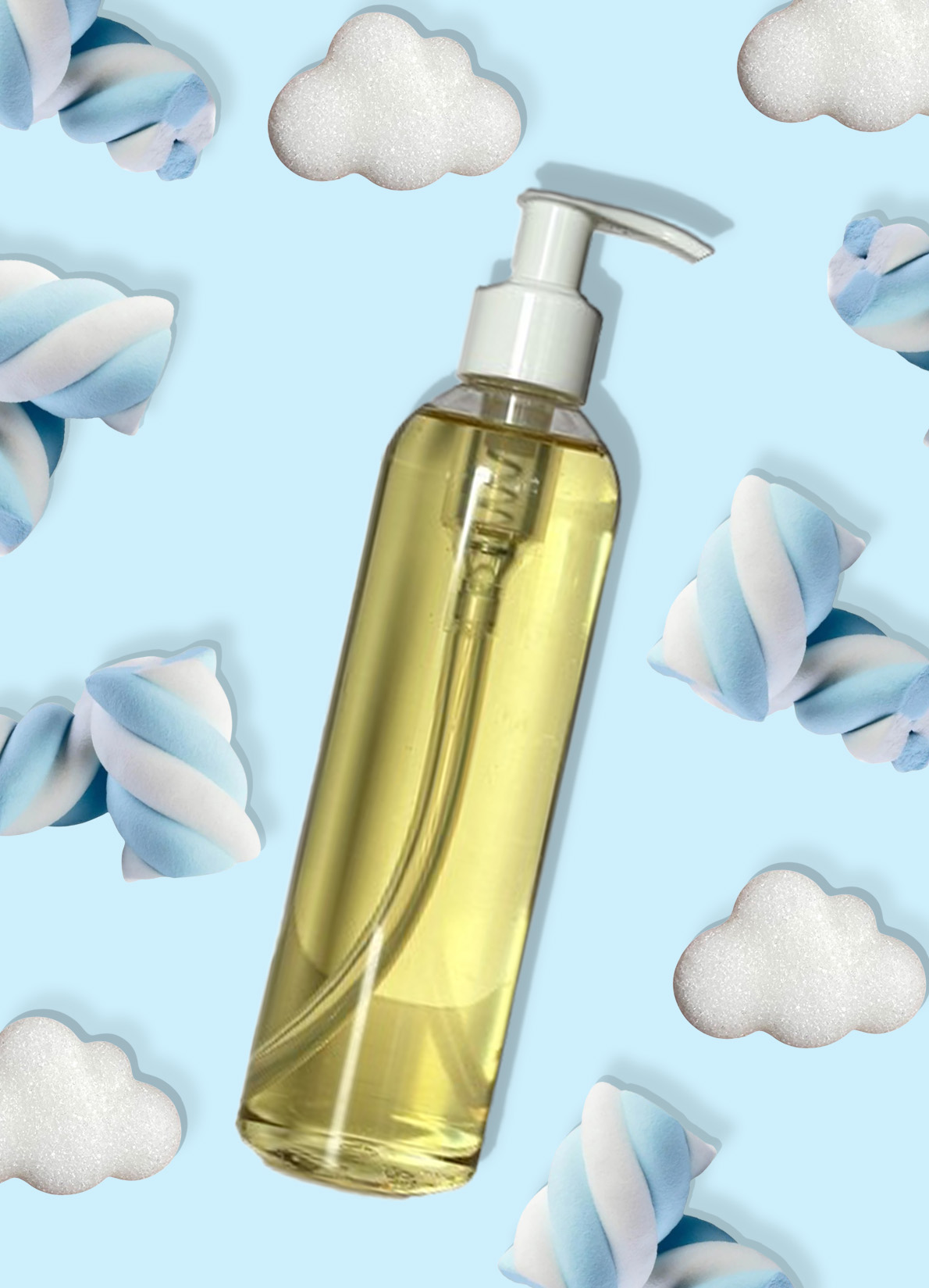 Unlabeled bottle of body oil on a light blue background surrounded by white fluffy clouds and twisted marshmallows.