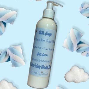 A bottle of Blk Sugr Marshmallow Sugr Cloud Soft Serve Lotion on a baby blue background, surrounded by soft marshmallows and fluffy clouds.