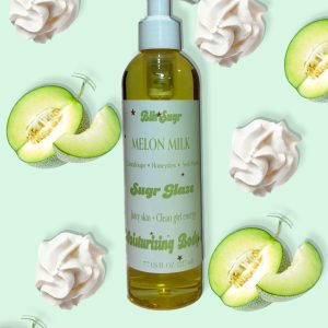 A bottle of Blk Sugr “Melon Milk” Sugr Glaze body oil on a mint green background, surrounded by sliced honeydew melons and whipped cream swirls. The label highlights cantaloupe, honeydew, and soft musk notes.