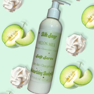 A bottle of Blk Sugr Melon Milk Soft Serve Lotion on a mint background, surrounded by juicy cantaloupe slices, honeydew, and whipped cream.