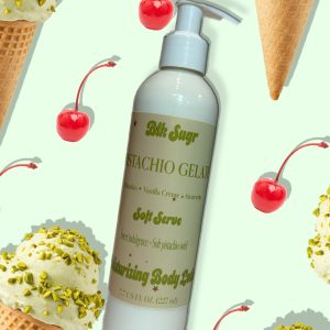 A bottle of Blk Sugr Pistachio Gelato Soft Serve Lotion on a mint green background, surrounded by pistachio ice cream cones and maraschino cherries.