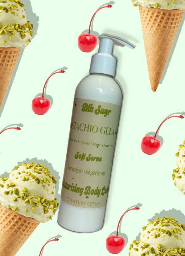 A bottle of Blk Sugr Pistachio Gelato Soft Serve Lotion on a mint green background, surrounded by pistachio ice cream cones and maraschino cherries.
