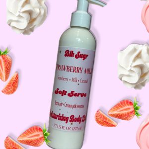 A bottle of Blk Sugr Strawberry Milk Soft Serve Lotion on a pink background, surrounded by strawberries, cream, and caramel drizzles.