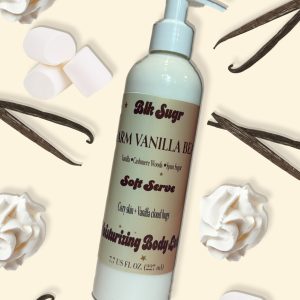A bottle of Blk Sugr Warm Vanilla Bean Soft Serve Lotion on a cream background with whipped cream, marshmallows, and vanilla pods.