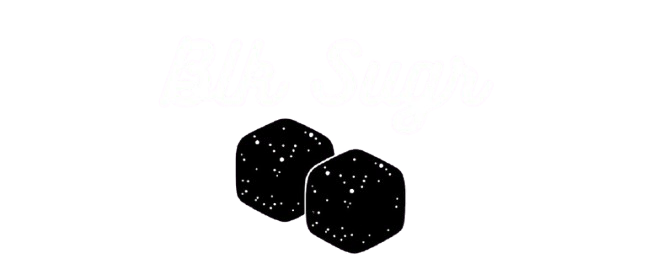 BLK SUGR beauty brand logo with stylized white text and two black sugar cubes on soft pink background