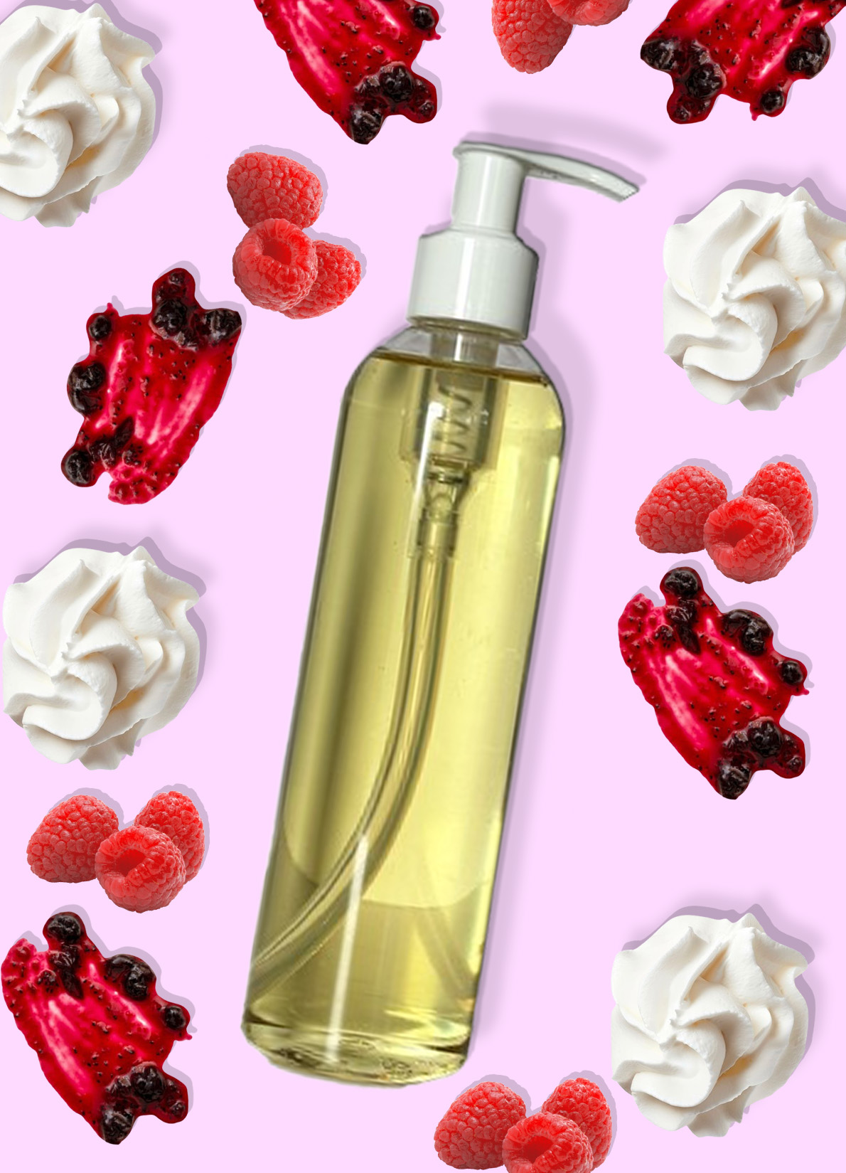 Unlabeled bottle of body oil placed on a pink background with whipped cream swirls, raspberries, and red berry compote.